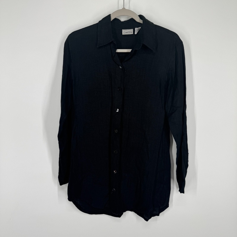 Chico's Design 0 Linen Button Down Tunic Women's Small Black Minimalist Top